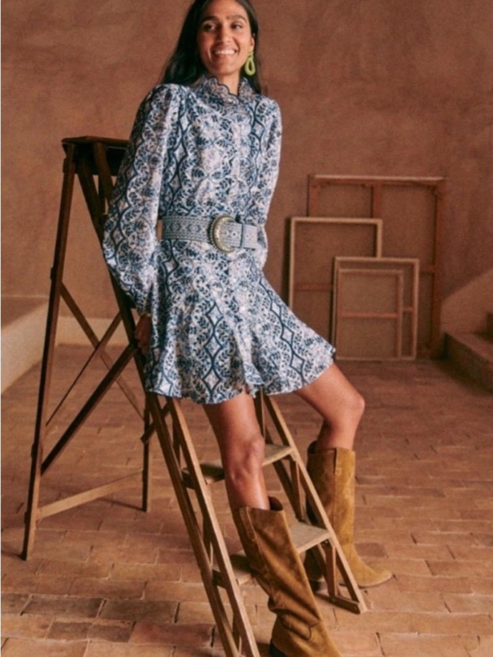 Blue Printed Long-Sleeve Mini Dress with Belt